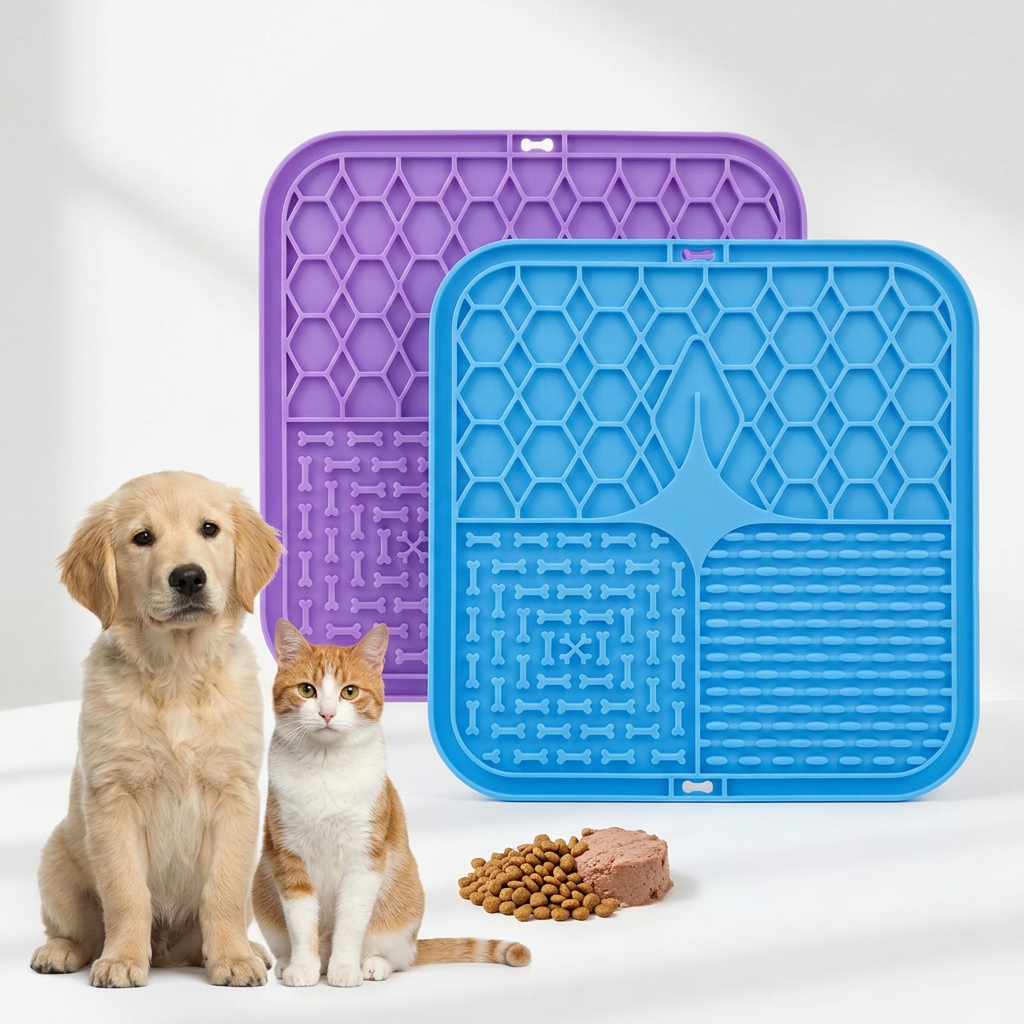 Übersichtsbild mit zwei Schleckmatten, Hund, Katze und Futter