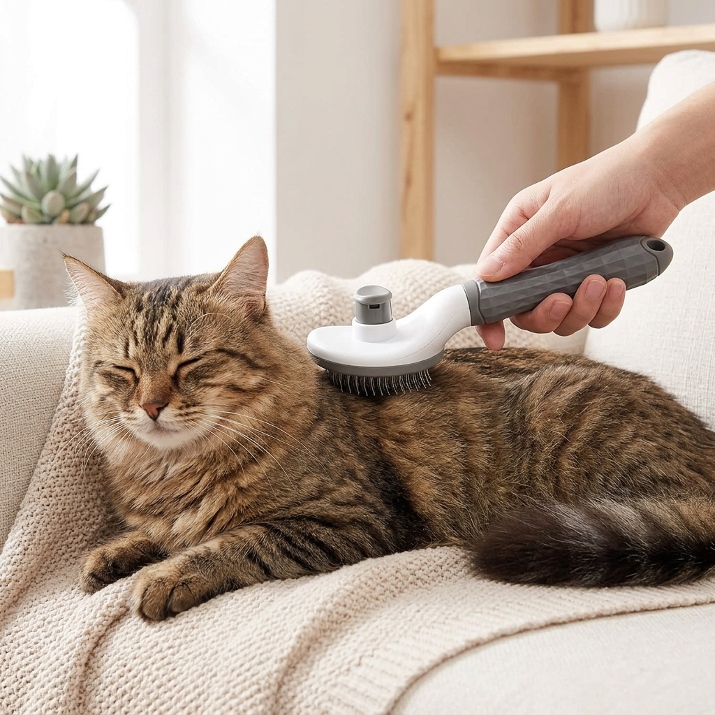 Anwendung der grau-weißen Fellpflegebürste bei einer Katze
