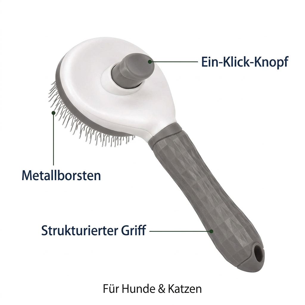 Funktionen der Fellpflegebürste: Ein-Klick-Knopf, Metallborsten und strukturierter Griff